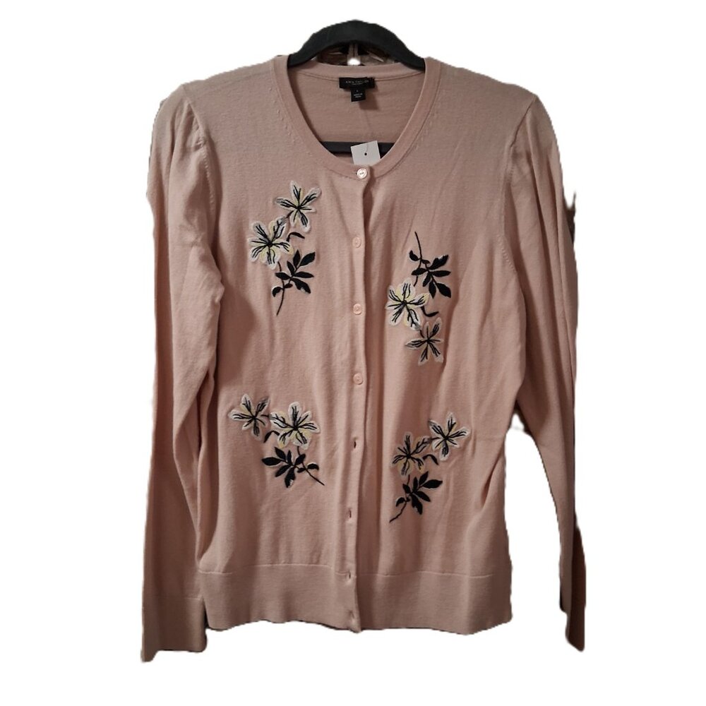 Ann Taylor Flower Embroidered Pink Cardigan Sweater Sz M/L NWT